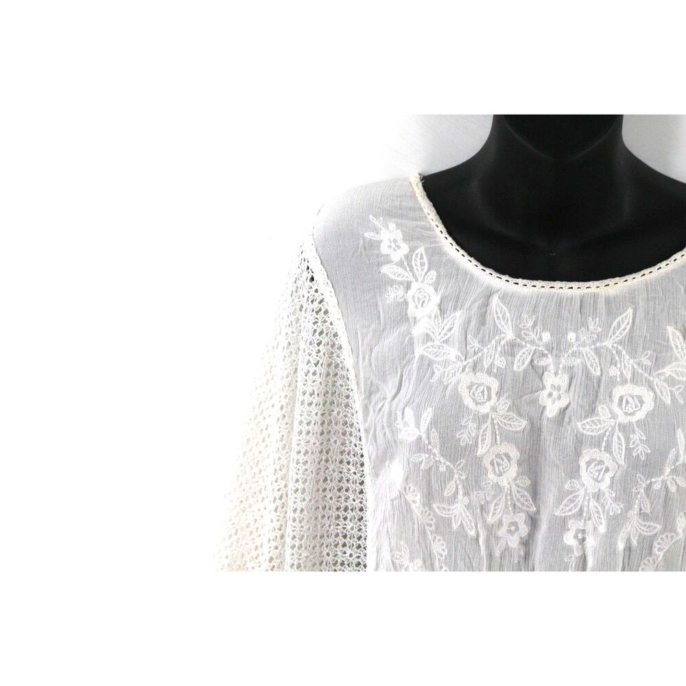 One World Womens Boho Embroidered Poncho Blouse Sheer Size XL White - Picture 4 of 7